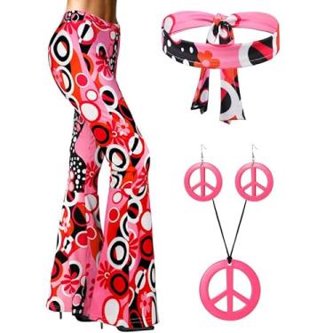 Imagem de Acessórios de fantasia hippie feminina anos 70, calça rodada Boho boca de sino (XGG)