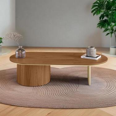 Imagem de Mesa de Centro Ipê em Madeira Maciça Imbuia Mel Metal Champagne - LINH