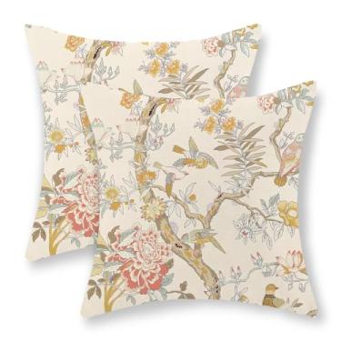 Imagem de Chinoiserie Capas de travesseiro 45,7 x 45,7 cm, conjunto de 2 almofadas de pássaros florais amarelas verdes vintage flores decorativas para ambientes externos, decoração chinoiserie, capa de almofada