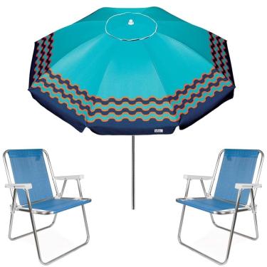 Imagem de Kit Guarda Sol 2,5m Articulado Ibiza Turquesa 2 Cadeira Alta Alumínio Sannet Praia Piscina Camping - Tobee
