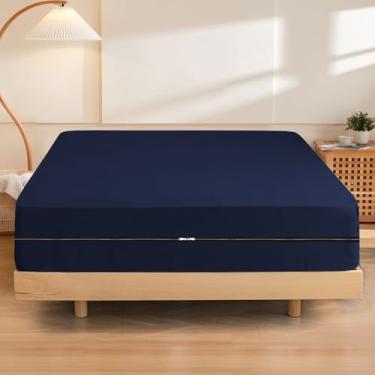 Imagem de Lençol casal com zíper 100% algodão egípcio 600 fios, qualidade hoteleira, 1 lençol com elástico 137 x 189 cm, azul marinho