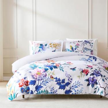 Imagem de Lush Decor Fantasia Conjunto de 3 peças de capa de edredom de algodão casal/queen azul-petróleo e azul - edredom floral - conjunto de cama tropical - estampa de pássaro - decoração maximalista moderna