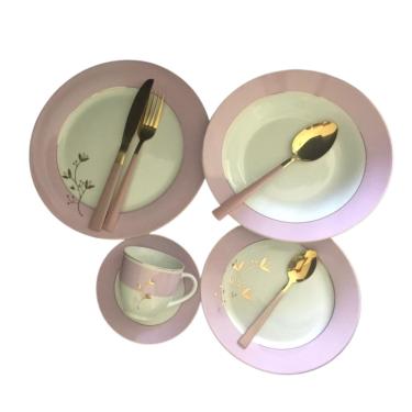 Imagem de Aparelho de Jantar 36 Peças Porcelana Com Talheres Inox Rosa