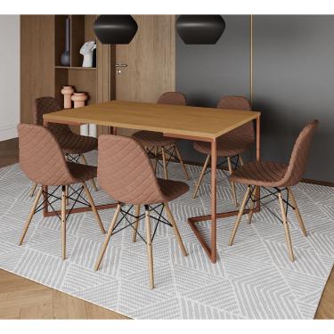 Imagem de Mesa Industrial Retangular Canela Base V Cobre 137x90cm com 6 Cadeiras Madeira Estofadas Caramelo