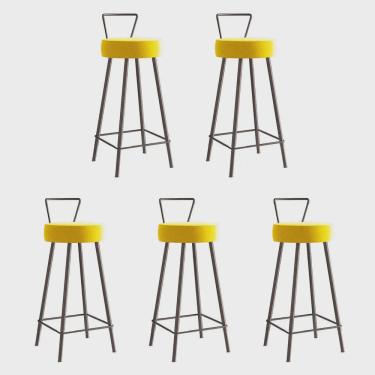 Imagem de Kit 05 Banqueta Alta Com Encosto Tais Eiffel Cozinha Bar Bistrô Ferro Marrom Suede Amarelo - Ahz Móveis