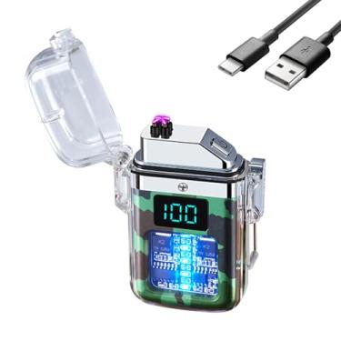 Imagem de TIKIUKI Isqueiro elétrico recarregável de plasma de arco duplo à prova de vento à prova d'água com visor de energia LED (camuflagem)