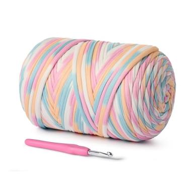 Imagem de Fio de camiseta (800 g/228 jardas), fio de crochê macio para artesanato e faça você mesmo, tecido de crochê/bolsa/cesta/porta-copos, tecido elástico 100% poliéster, fios grossos grossos (cor candy)