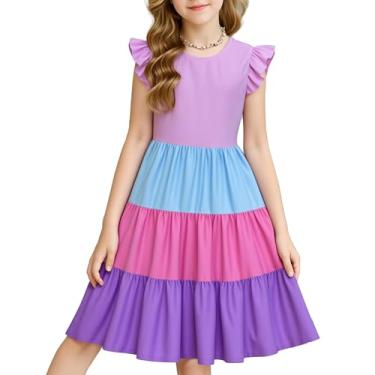 Imagem de LQSZ Vestidos casuais de verão para meninas com manga curta em camadas rodado vestido midi escolar 3-12 anos, A - roxo, 3-4 Anos