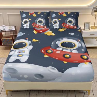 Imagem de AILONEN Jogo de lençol Queen de astronauta infantil, astronauta espacial, para meninos e adolescentes, 3 peças, 1 lençol com elástico + 2 fronhas, desenho animado foguete, nave espacial, cinza