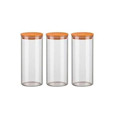 Imagem de Kit 3 Potes Vidro 1500Ml Hermético Tampa Madeira Bambu Porta - Livon