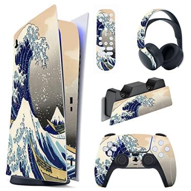 Imagem de PlayVital Adesivo Great Wave Dual Side para console PS5 edição digital, adesivo de vinil para controle PS5, estação de carregamento, fone de ouvido e controle remoto de mídia