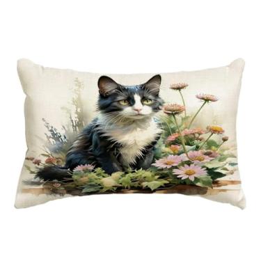 Imagem de JAERUE Capa de almofada decorativa de gato com decoração floral de casa de fazenda fronhas para sofá sofá varanda pátio primavera verão capas de almofada lombar, 12 × 20 polegadas (preto/branco)