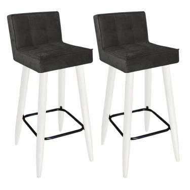 Imagem de Kit 02 Banqueta Alta Lucy Com Encosto Cozinha Bar Balcão Bistrô Pé Palito Branco Suede Cinza