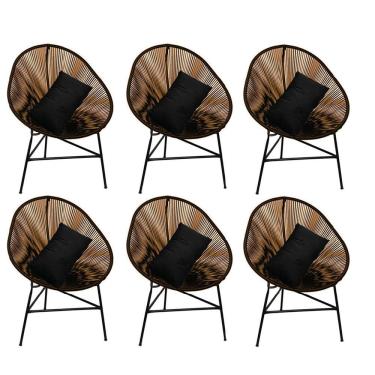 Imagem de Kit 06 Poltrona Cadeira Acapulco Plus Com Almofada Quadrado Marrom Corino Preto