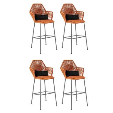 Imagem de Kit 04 Banqueta Alta Sttar Ferro Prata Fibra Terracota Almofada Corino Preto - Amey Decor