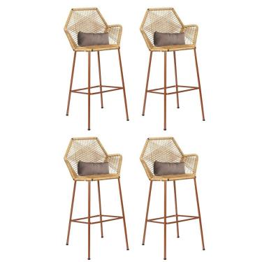 Imagem de Kit 04 Banqueta Alta Sttar Ferro Bronze Fibra Palha Almofada Corino Bege - Amey Decor