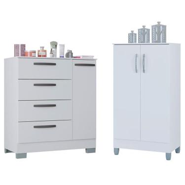 Imagem de Cômoda 868 4 Gavetas MDF Puxador Plástico Branco Brilhante com Armário Multiuso 2 Porta...