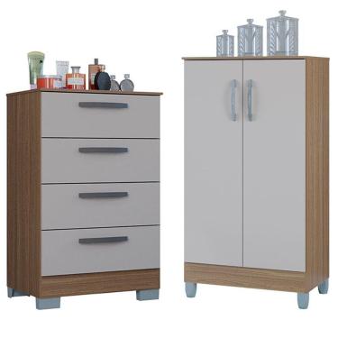 Imagem de Cômoda com Armário Multiuso 867 4 Gavetas MDF Puxador Plástico Off White Castanho Pequeno