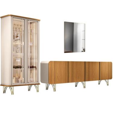 Imagem de Kit Aparador Buffet Living Santiago Cristaleira Adega Síria E Espelho Ibiza B01 Cinamomo Off