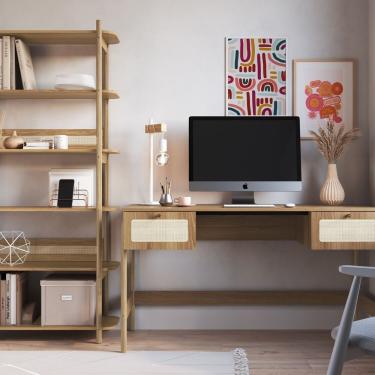 Imagem de Kit 2 Peças Com Escrivaninha 2 Gavetas E Estante Palhinha Pé Madeira