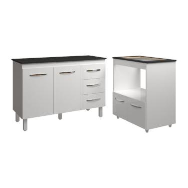 Imagem de Balcão Armário Gabinete Bruna 118 Cm Branco Com Tampo Preto E Balcão Evelyn Para Cooktop 4 Bocas Branco
