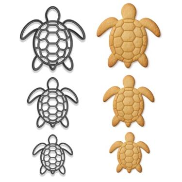 Imagem de Cortador de biscoito e trio de carimbos de tartaruga oceânica – 3 tamanhos (10 cm, 7,6 cm, 5 cm) – Conjunto com tema de praia e fondant (cor aleatória)