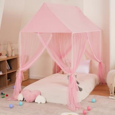 Imagem de ZRVTM Cama Com Dossel De Princesa Para Meninas - Castelo Rosa, Casinha Brinquedo Dos Sonhos, Mosquiteiro, Cantinho Leitura, Tenda Brincar, Cortinas Crianças (Gêmeo, Rosa), Estrutura Não Incluída