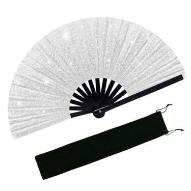 Imagem de EOSAU Grande ventilador de glíter rave dobrável ventilador de mão para dança de linha portátil ventilador clack para festival EDM festa música acessórios (glitter branco)