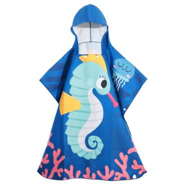 Imagem de MADDY'S HOME Toalha de praia infantil com capuz - Poncho de algodão absorvente super macio para meninos e meninas, uso na piscina e na praia, de crianças a adolescentes (3-13 anos) (Cavalo marinho)