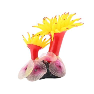 Imagem de Silicone Aquarium Artificial High Simulação Coral Mar de Anemona Decoração de Planta de Água, Belo ornamento de aquário de cores com base de concreto, decoração de aquário para (amarelo)