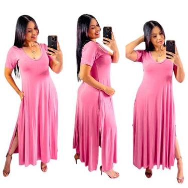 Imagem de Vestido longo gola v com fenda lateral - Neide modas, Rose, GG