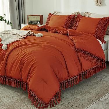 Imagem de Andency Conjunto de Edredom Queimado Laranja Queimado Queen, 3 Peças Boho Terracota Borla Leve Verão Macio Conjuntos de Edredom de Cama Macio, Todas as Estações Ferrugem Conjunto de Franja Fofa (222 cm Edredom 224 cm x 2 Fronh