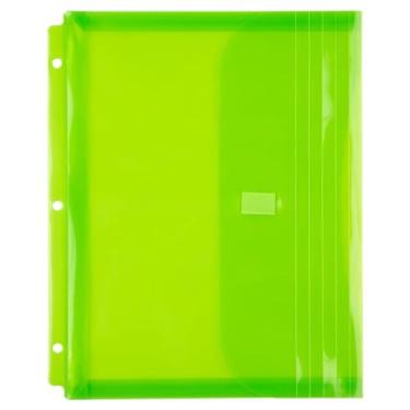 Imagem de JAM PAPER Envelopes de fichário de plástico com 3 furos com fecho de gancho e laço - livreto de letras - 23 x 28 cm com expansão de 2,5 cm - verde limão - pacote com 3