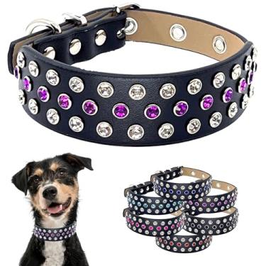 Imagem de Coleira de cachorro com strass de diamante de designer - Couro de microfibra luxuoso brilhante e fofo cravejado comprimento ajustável para todas as raças tamanho P M G (pequeno 25,4 a 35,5 cm, roxo |