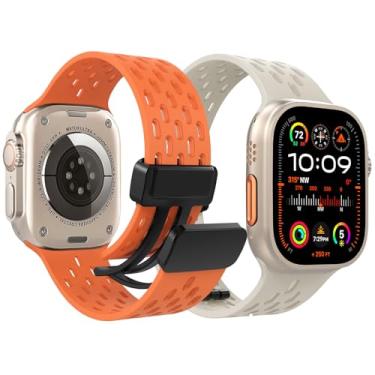 Imagem de WinReir Pulseira magnética compatível com Apple Watch Ultra 2 /Ultra 49 mm/42 mm/44 mm e 45 mm, pacote com 2 pulseiras esportivas de silicone à prova d'água para Apple Watch Series SE 9, 8, 7, 6, 5,