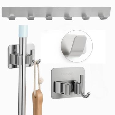Imagem de Kit Organizador Inox Premium Cabide Retangular Autoadesivo 6 Ganchos 24x3x2cm Mais 2 Porta Vassouras Inox SUS304 Garras Silicone 15kg Fixacao Sem Furadeira Para Cozinha Banheiro Lavanderia
