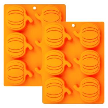 Imagem de Fchil 2 moldes de sabão de abóbora, forma antiaderente de 6 cavidades para muffin de abóbora para assar chocolate, cera de gelo, laranja