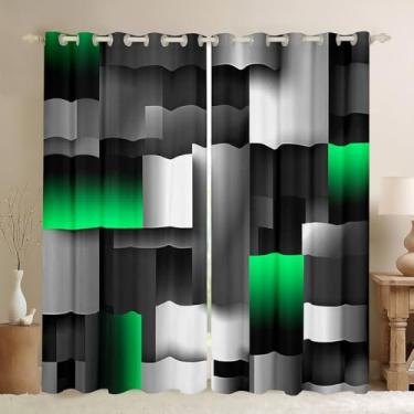 Imagem de Cortinas quadradas geométricas verdes para janela adolescentes e mulheres, cortinas quadriculadas brancas cinza para quarto, cortinas geométricas modernas para sala de estar, cortinas geométricas