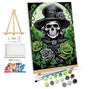 Imagem de JOOZ Kit de pintura por números para adultos com moldura, pintura de crânio por número, com cavalete pintura de Halloween por número com moldura, kits de pintura a óleo digital faça você mesmo para