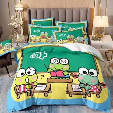 Imagem de honey qiao Conjunto completo de edredom para sala de aula de sapo de desenho animado – conjunto de cama de sapo de estudo verde com tema escolar, sapos fofos, tamanho casal aprendendo juntos, edredom