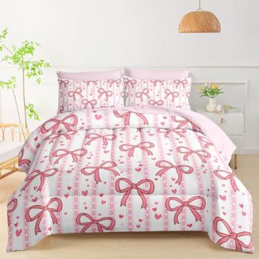 Imagem de QOOMO Jogo de cama casal com laço rosa, 7 peças, para crianças e adolescentes, inclui 1 edredom, 1 lençol com elástico, 1 lençol de cima, 2 fronhas estampadas e 2 fronhas rosa claro