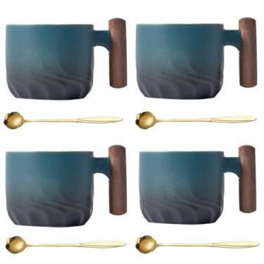 Imagem de Conjunto de colheres de xícara de chá pequenas de 65 g, xícaras de café expresso de cerâmica com cabo de madeira, mini xícaras de porcelana para café ou chá. (4 azul)