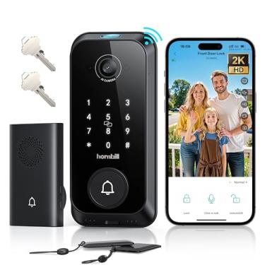 Imagem de Trava inteligente de vídeo com câmera: anel 4 em 1 + câmera 2K + campainha + fechadura de porta de entrada sem chave de chifre de impressão digital, fechadura WiFi integrada, áudio bidirecional