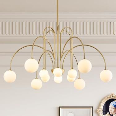 Imagem de CATINER Lustres Sputnik grandes 12 luzes moderno dourado para teto alto L52" luminárias pendentes de teto de meados do século com cortinas de globo de vidro de leite para sala de estar sala de jantar