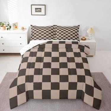 Imagem de Feelyou Jogo de cama retrô quadriculado para adolescentes e homens, xadrez, marrom, gradiente, tamanho solteiro, geométrico, vintage, moderno, simples, estético, decoração de quarto