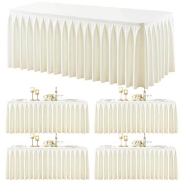 Imagem de Pacote com 4 toalhas de mesa retangulares marfim 2,5 m, elastano elástico, para mesas retangulares de 2,3 m, toalhas de mesa de banquete, sem rugas, saia com babados, toalha de mesa para festa