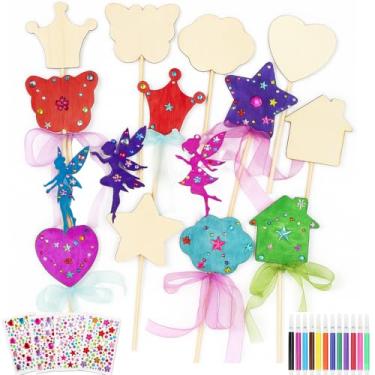 Imagem de Lanxitown 15 Pcs DIY Wooden Princess Fairy Wand Kit Include 9 Styles Unfinished Wooden Princess Wand Accessories for Fairy Party Decorations Gem Stickers Magic Kit for Party Supplies