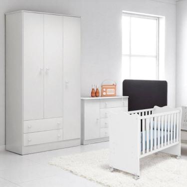 Imagem de Conjunto Infantil Aurora Branco: Berço Aurora + Kit Rodízios + Cômoda Aurora + Guarda-roupa Aurora