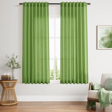 Imagem de Cortinas verde-limão 153 cm de comprimento, conjuntos de 2 painéis para sala de estar e quarto, cortinas de linho com filtro de luz para cozinha, janelas, bolso para varão ou cortina traseira
