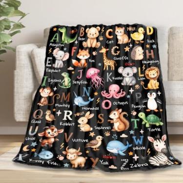 Imagem de Cobertor de alfabeto de animais, presentes bonitos do alfabeto para crianças, meninos, meninas e adultos, colcha de animais de flanela macia para cama, sofá, viagem, preto, 101,6 cm x 127 cm